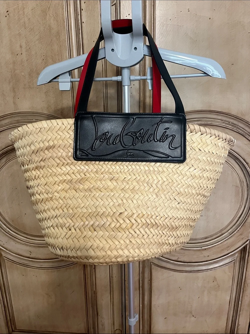 Christian Louboutin Natural Straw Tote with Black Trim and Red Strap Accents